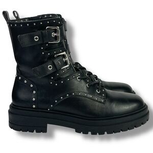 CHELSEA VIOLET Black Leather Buckle Studded Combat Boots 8M Moto Biker Goth Nice